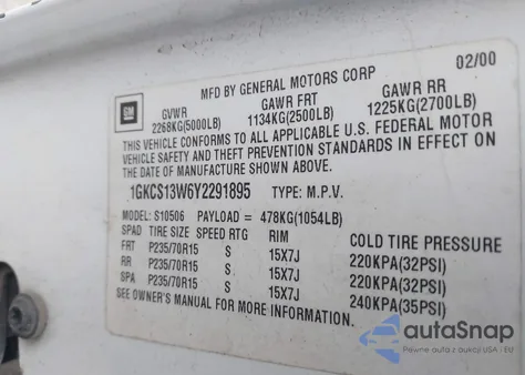 2000 GMC Jimmy Sle из США, поврежденный, VIN 1GKCS13W6Y2291895